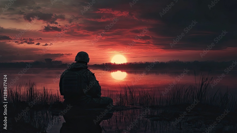 Fototapeta premium Silhouetted soldier rests, sunset lake.