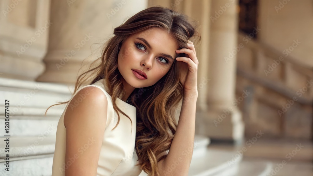Fototapeta premium a young woman poses gracefully, exuding elegance, as she rests her hand on her hair while sitting on stone steps. She looks directly at the camera with a calm gaze