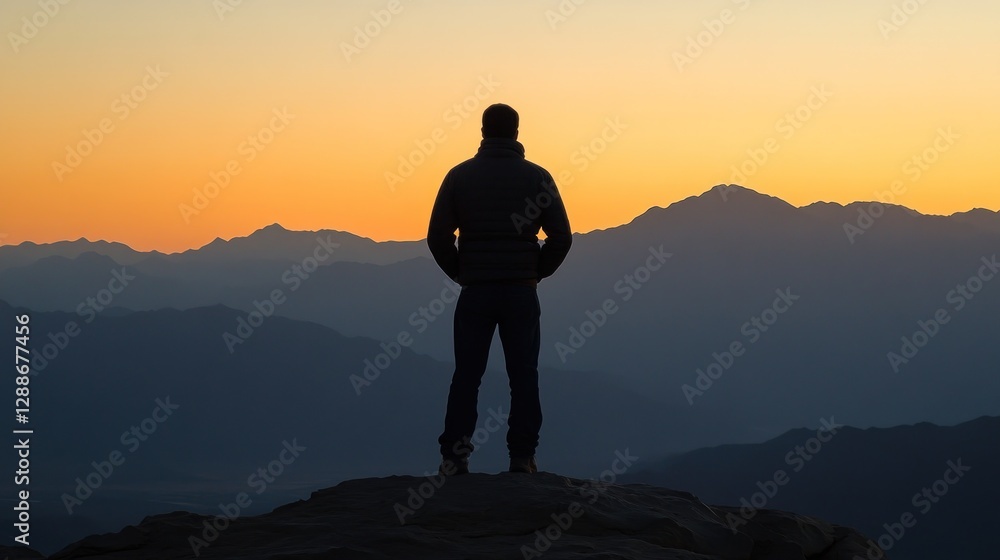 Man contemplates sunrise mountain vista Man contemplates sunrise mountain vista