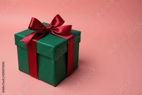 Wallpaper Mural A luxuriously wrapped emerald green gift box adorned with a rich crimson ribbon and a perfectly tied bow sits on a soft coral background, suggesting a celebratory occasion. Torontodigital.ca
