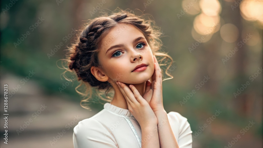 a young girl with a gentle expression in a portrait, she has her hands gently touching her face, her hair is styled in braids and curls, with soft sunlight in the background. a young girl with a gentle expression in a portrait, she has her hands gently touching her face, her hair is styled in braids and curls, with soft sunlight in the background.