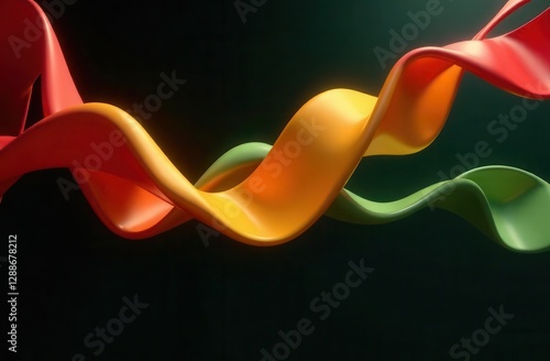 Abstract background with 3D silk ribbons in red, yellow, and green gracefully flowing across a black background. Black history month photo