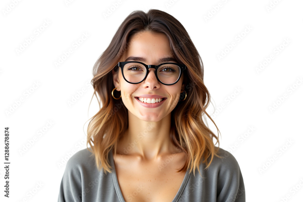Smiling woman portrait with glasses, gold hoops, on white. Cheerful, professional, approachable. Ideal for profile pics, banners. Isolated on transparent background. Smiling woman portrait with glasses, gold hoops, on white. Cheerful, professional, approachable. Ideal for profile pics, banners. Isolated on transparent background.