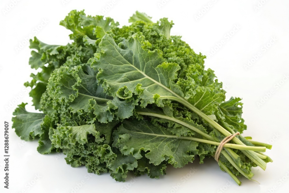 Fresh bunch of curly kale leaves arranged in a neat pile, leafy greens, organic greens, healthy eating, nutrition Fresh bunch of curly kale leaves arranged in a neat pile, leafy greens, organic greens, healthy eating, nutrition