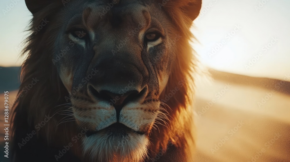Fototapeta premium Majestic lion portrait, sunset dunes, African safari, wildlife documentary