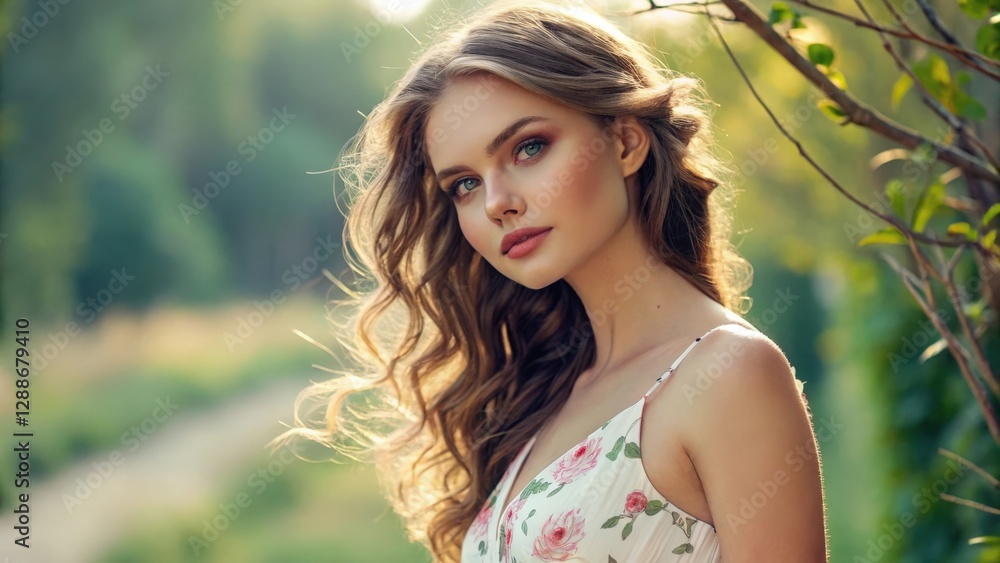 Fototapeta premium a young woman with long wavy hair poses gracefully outdoors, exuding natural beauty and serenity. She is adorned in a floral dress, suggesting a connection to nature and an effortless charm
