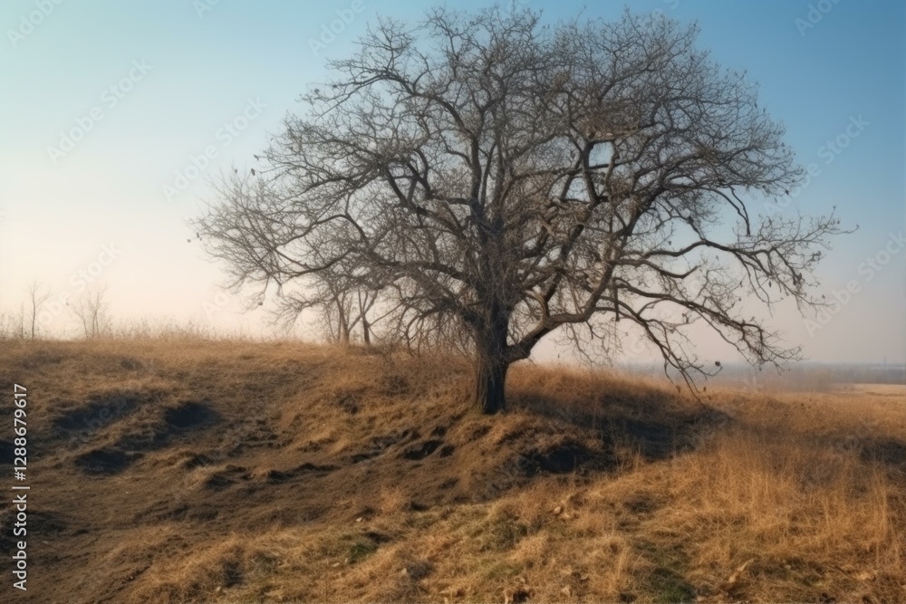 Solitary Tree Silhouette on Hillside in Autumnal Hues Under a Pale Blue Sky at Dusk or Dawn Landscape Solitary Tree Silhouette on Hillside in Autumnal Hues Under a Pale Blue Sky at Dusk or Dawn Landscape
