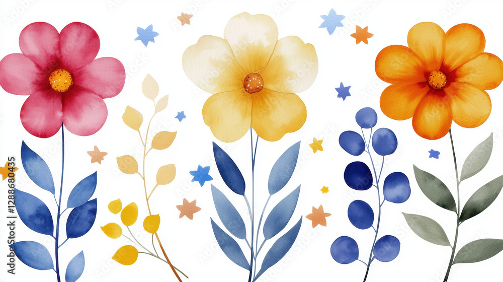 Fototapeta premium Colorful watercolor flowers with leaves and stars on a white background, creating a cheerful floral arrangement.