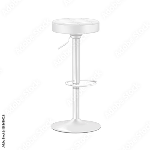 Bar stool with round soft seat cushion and foot rest. Realistic 3d vector mockup. White swivel adjustable height high bar chair with footrest. Mock-up