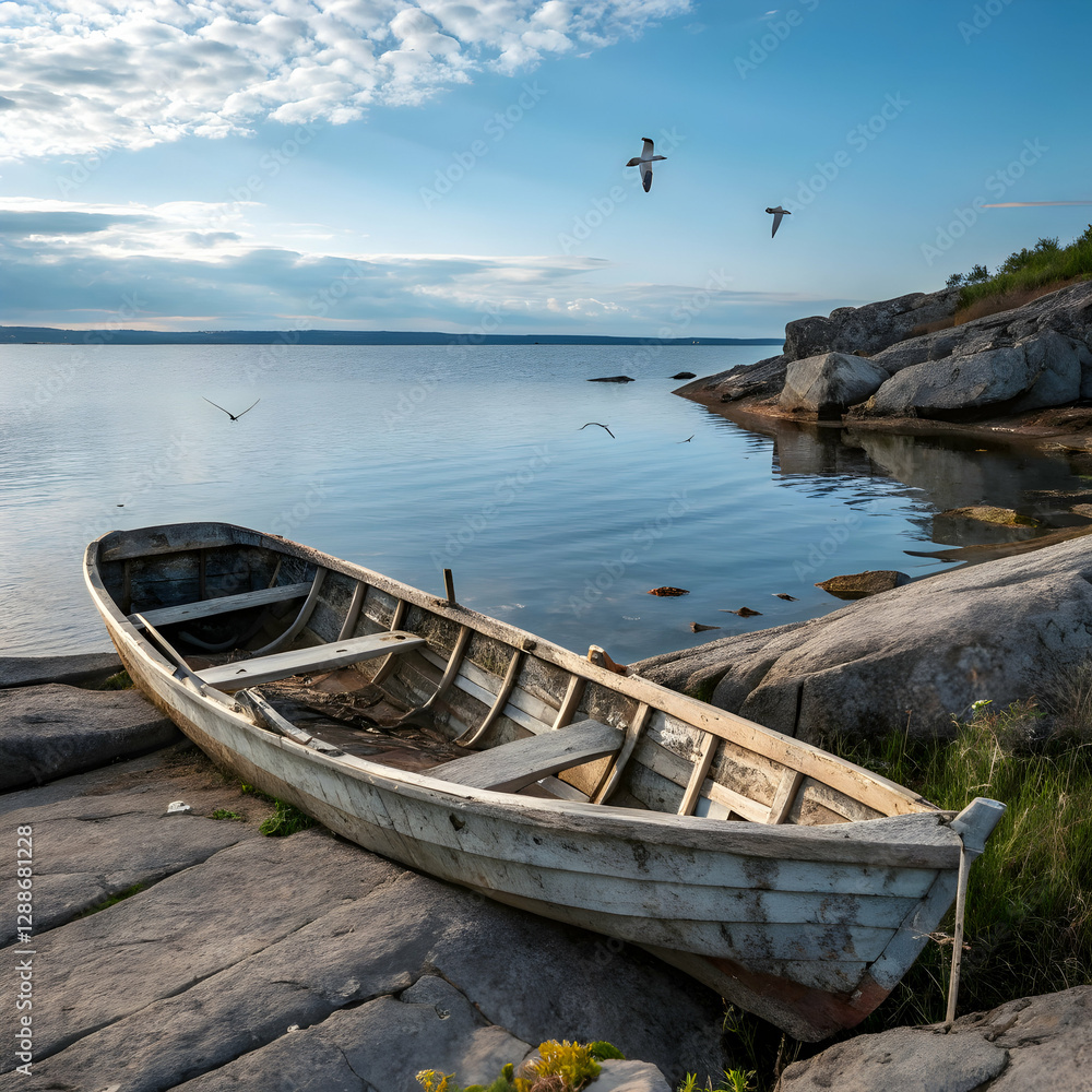Obraz premium Old Rowboat on Rocky Shore: Calm Sea, Birds