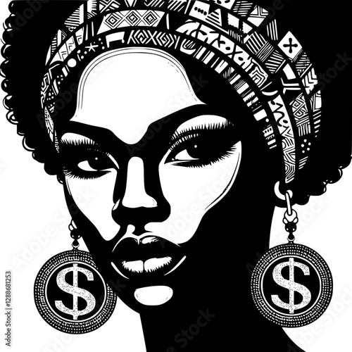 African woman with earrings symbolizing dollar currency