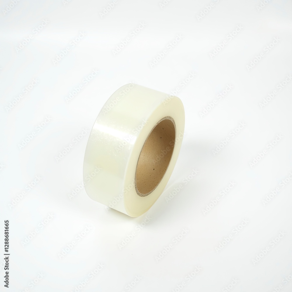 a small, transparent roll of clear magic tape, its beige cardboard core visible through the transparent plastic, is precisely centered on a pristine, snow-white background a small, transparent roll of clear magic tape, its beige cardboard core visible through the transparent plastic, is precisely centered on a pristine, snow-white background