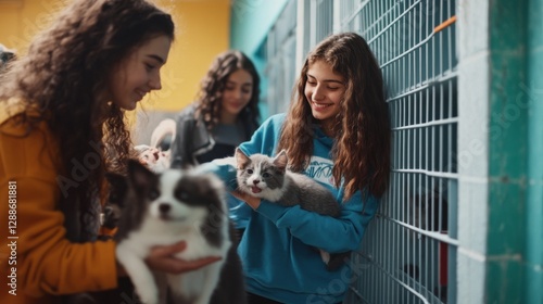Fototapeta Naklejka Na Ścianę i Meble -  Gen Z friends doing volunteer work at an animal shelter, caring for pets. Featuring kindness and compassion