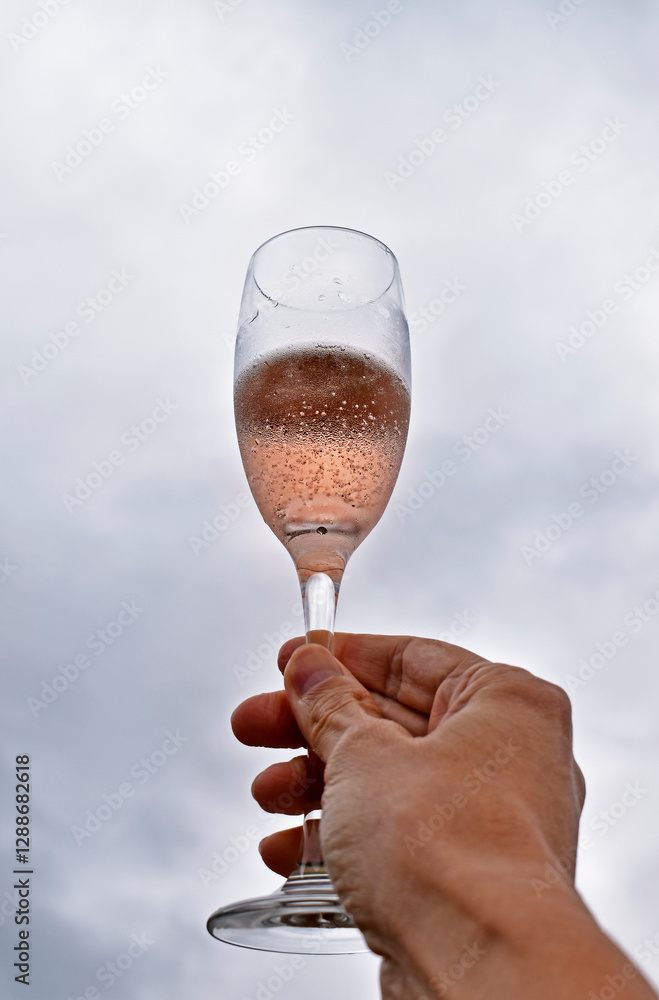 Glass of rosé wine against cloudy sky