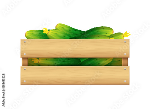 Wooden box with cucumbers. Vector clipart isolated on white background.