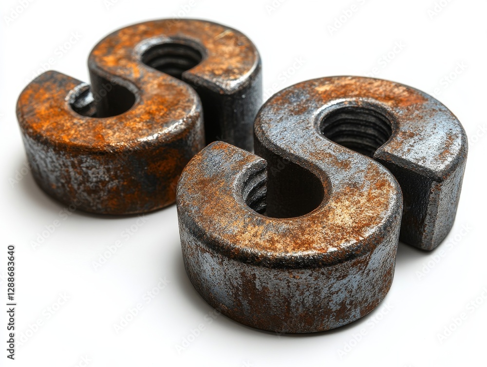 Three Rusty S-Hooks: A Macro Shot Showcasing Oxidation and Texture of Old, Metal Fasteners Isolated Against a White Backdrop in a Studio Environment. Three Rusty S-Hooks: A Macro Shot Showcasing Oxidation and Texture of Old, Metal Fasteners Isolated Against a White Backdrop in a Studio Environment.