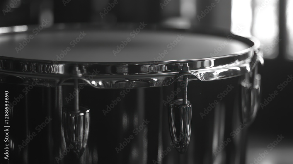 Fototapeta premium Close-up black drum, studio, music, detail, shallow depth of field, background blurred, for album art