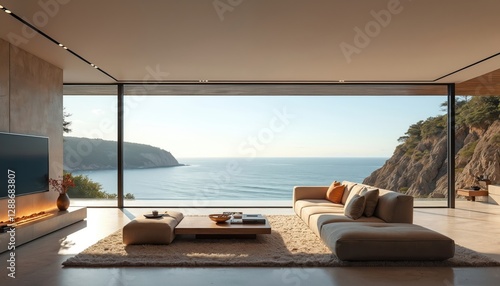 Modern living room with sleek furniture, minimalist decor, large windows offering panoramic coastal view. Luxury apartment interior design, ocean front property landscape. Stylish expensive villa
