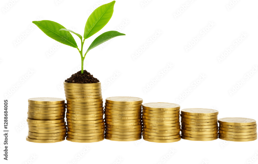 Pile of Coins with a Growing Plant on Top Symbolizing Financial Growth, Isolated on a Transparent Background, PNG format Pile of Coins with a Growing Plant on Top Symbolizing Financial Growth, Isolated on a Transparent Background, PNG format