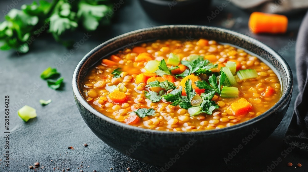 Colorful Lentil Soup with Fresh Vegetables and Herbs in Bowl Colorful Lentil Soup with Fresh Vegetables and Herbs in Bowl