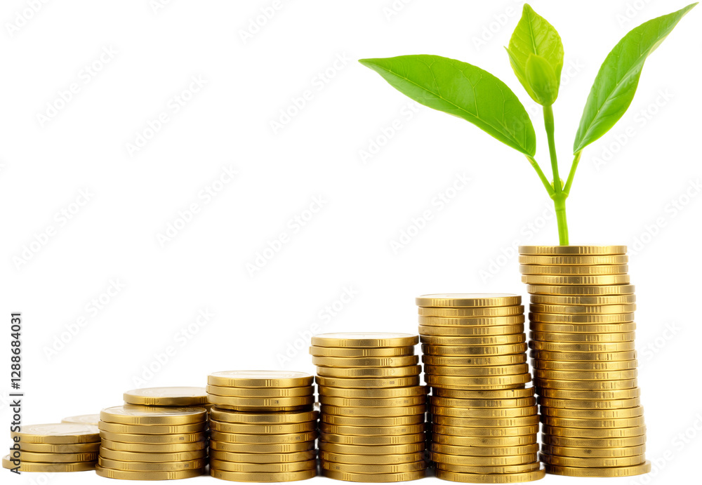 Pile of Coins with a Growing Plant on Top Symbolizing Financial Growth, Isolated on a Transparent Background, PNG format Pile of Coins with a Growing Plant on Top Symbolizing Financial Growth, Isolated on a Transparent Background, PNG format
