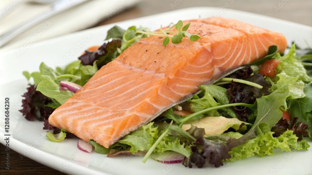 Fresh salmon fillet on a bed of mixed greens salad, fish, rice, fresh ingredients, poke salad