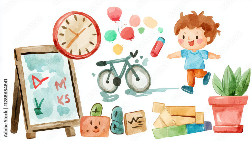 A cheerful child playing with toys, a bicycle, and colorful objects in a vibrant, artistic setting. A cheerful child playing with toys, a bicycle, and colorful objects in a vibrant, artistic setting.
