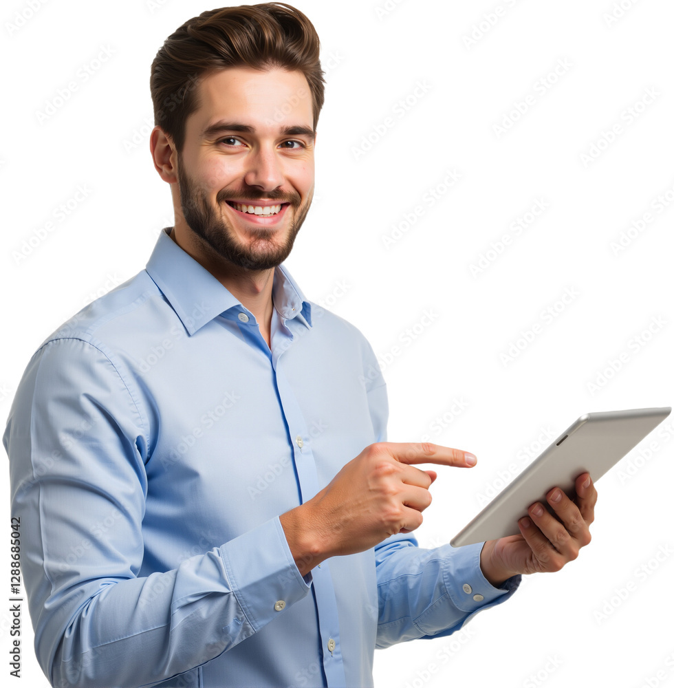 Young Handsome Man Holding a Tablet, Smiling Nicely, Isolated on a Transparent Background, PNG format Young Handsome Man Holding a Tablet, Smiling Nicely, Isolated on a Transparent Background, PNG format