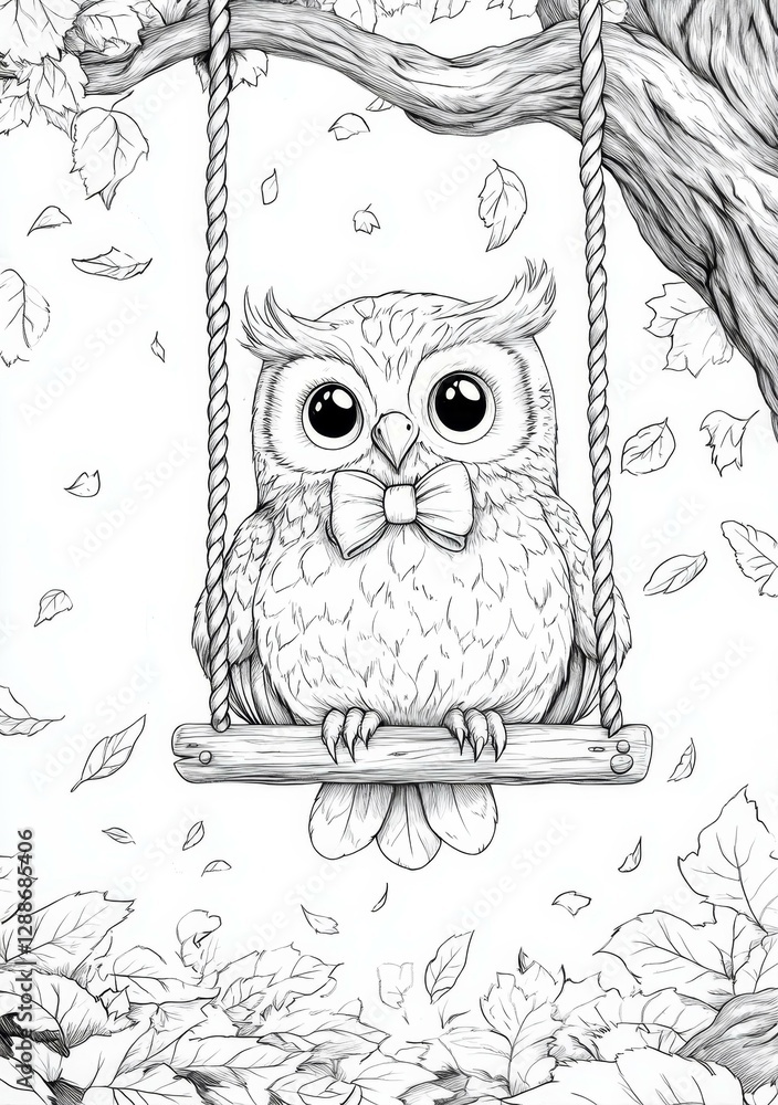 Obraz premium Adorable Owl on Swing Amidst Falling Autumn Leaves A Whimsical Line Art Drawing For Coloring Book