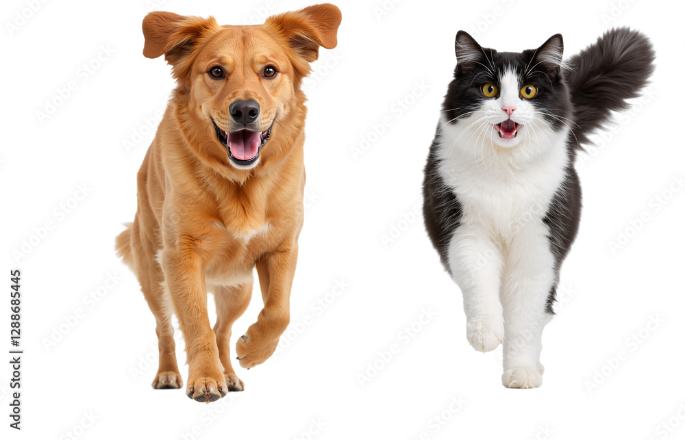 Cat and Dog Running and Playing Together, Showcasing Animal Friendship, Isolated on Transparent Background, PNG format Cat and Dog Running and Playing Together, Showcasing Animal Friendship, Isolated on Transparent Background, PNG format