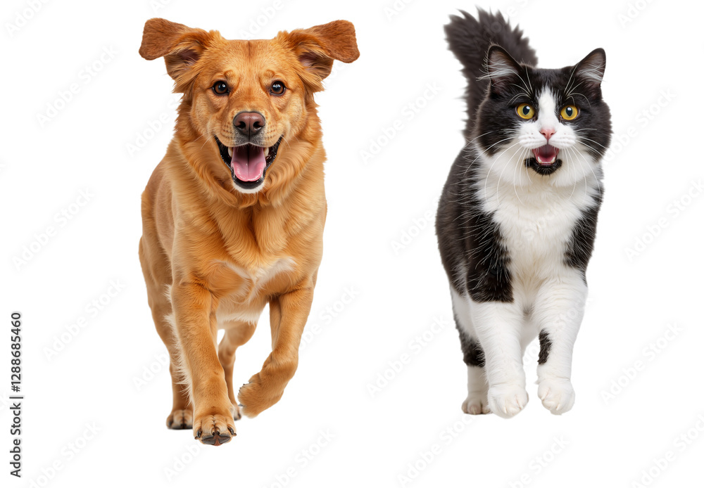 Cat and Dog Running and Playing Together, Showcasing Animal Friendship, Isolated on Transparent Background, PNG format Cat and Dog Running and Playing Together, Showcasing Animal Friendship, Isolated on Transparent Background, PNG format