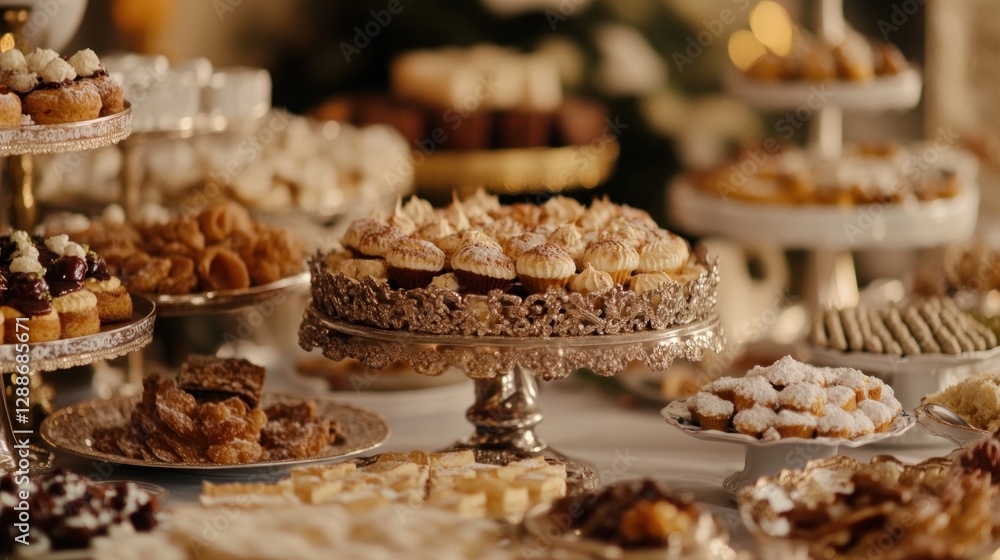 Naklejka premium Elegant dessert buffet, wedding reception, pastries, sweets, indoor