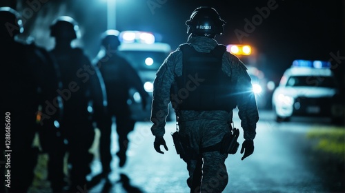 Armed Tactical Response Team Patrolling the Streets at Night with Police Vehicles Nearby