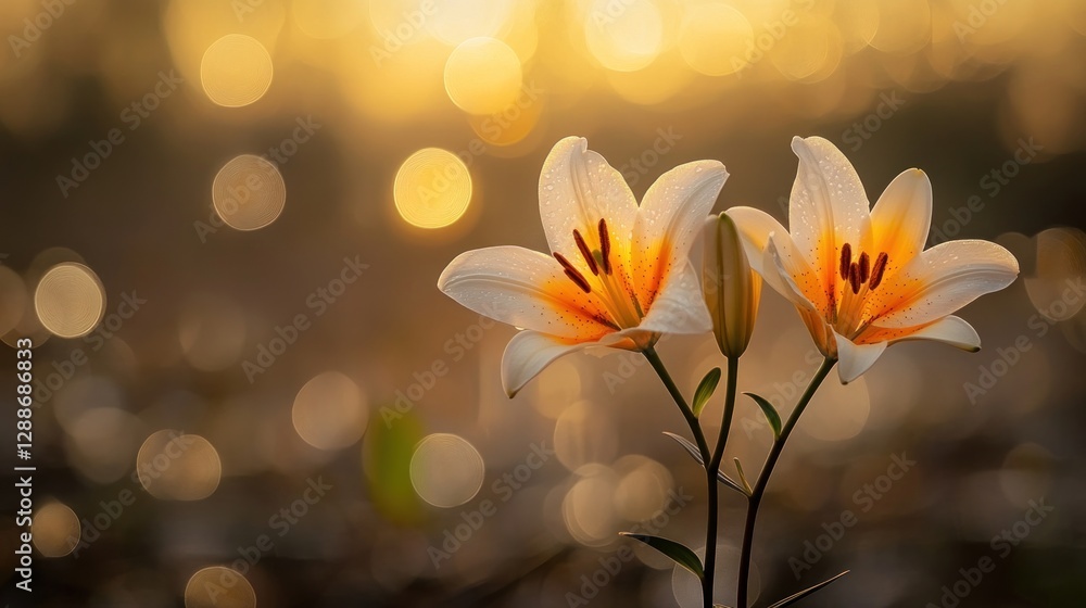 Golden sunset lilies blooming, bokeh background, garden, peaceful Golden sunset lilies blooming, bokeh background, garden, peaceful