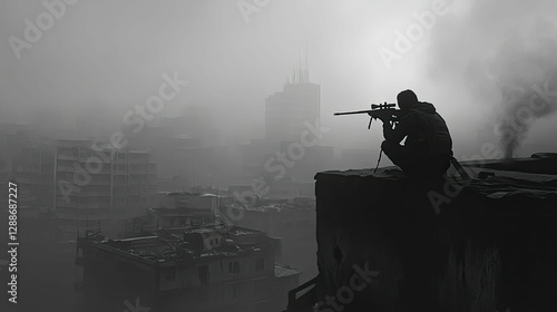 Foggy city, sniper aims rifle, rooftop perch.