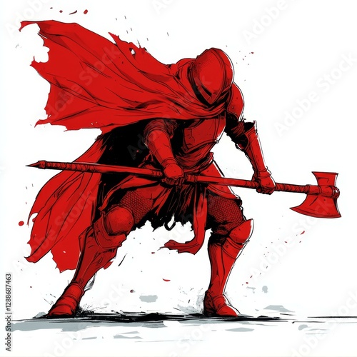 Crimson Enforcer Ready for Action Gripping a Heavy Poleaxe Vigilant Guardian of Justice and Power photo