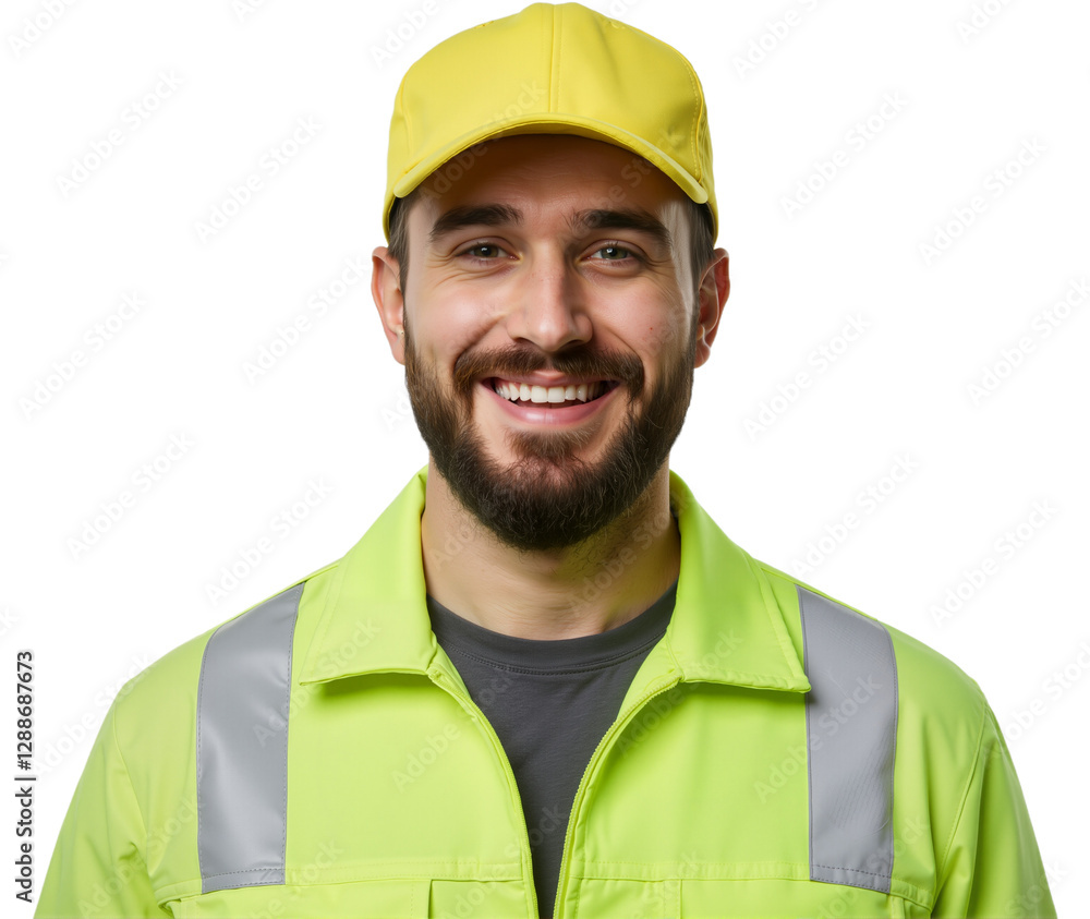 Portrait of a Smiling Manufacturing Worker Wearing a Hat, Isolated on a Transparent Background, PNG Format Portrait of a Smiling Manufacturing Worker Wearing a Hat, Isolated on a Transparent Background, PNG Format