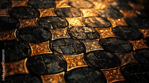Intricate pattern of dark tiles with gold accents, creating a rich texture.