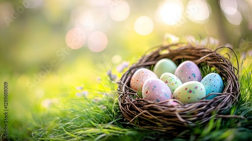 easter eggs in a nest, close up of a easter eggs in the basket
