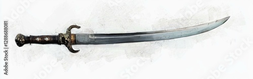 Curved Sword with Intricate Hilt Artwork Close Up Fantasy Weapon Depiction Detailed Grip Blade Design photo