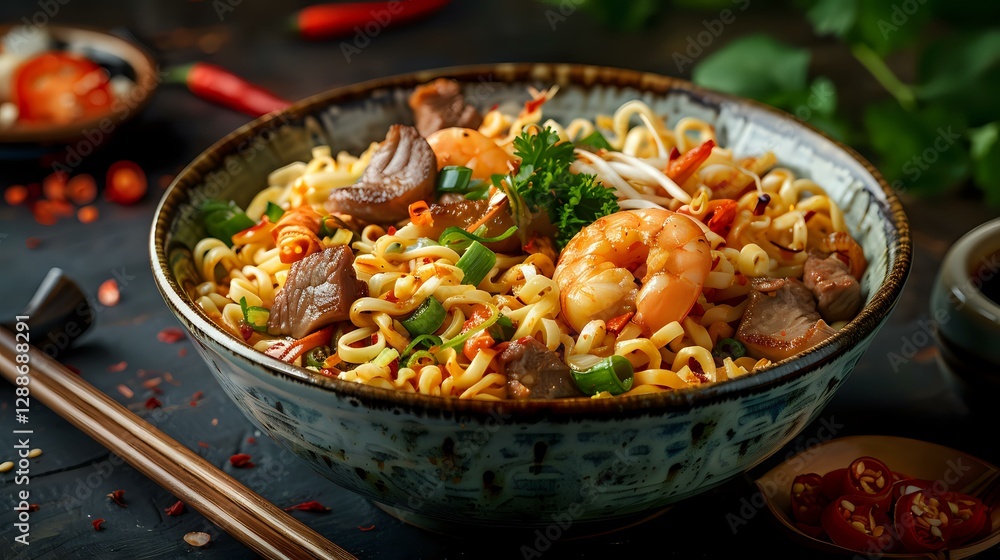 Spicy Asian noodles with shrimp, mushrooms and beef in ceramic bowl. Fresh herbs, chili peppers garnish. Dark moody food photography on black background. Spicy Asian noodles with shrimp, mushrooms and beef in ceramic bowl. Fresh herbs, chili peppers garnish. Dark moody food photography on black background.