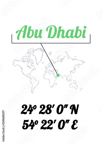 Abu Dhabi poster or t-shirt graphic design. City coordinates and world map location typography. Creative minimal travel destination poster design.