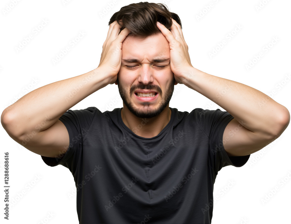 Young man suffering from an intense headache, holding head in pain, looking miserable and exhausted. Concept of stress and discomfort, PNG format Young man suffering from an intense headache, holding head in pain, looking miserable and exhausted. Concept of stress and discomfort, PNG format