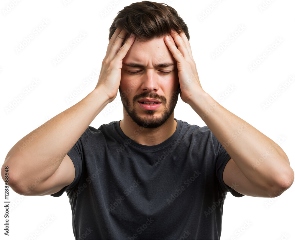 Young man suffering from an intense headache, holding head in pain, looking miserable and exhausted. Concept of stress and discomfort, PNG format Young man suffering from an intense headache, holding head in pain, looking miserable and exhausted. Concept of stress and discomfort, PNG format