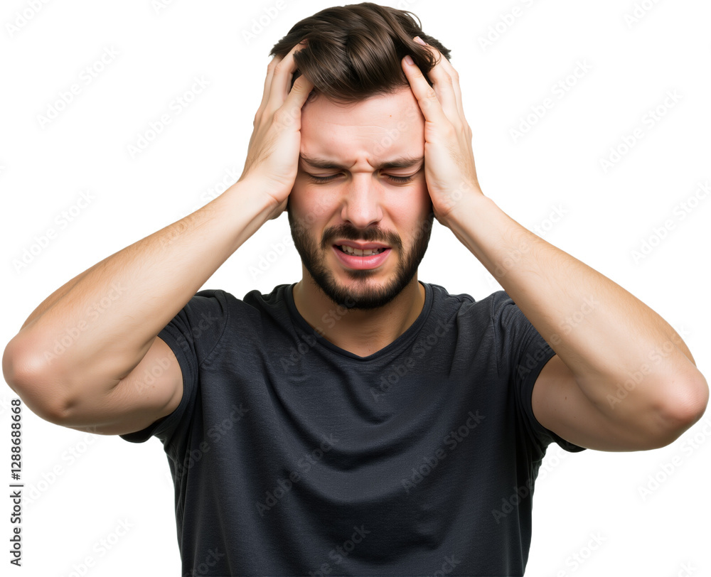Fototapeta premium Young man suffering from an intense headache, holding head in pain, looking miserable and exhausted. Concept of stress and discomfort, PNG format