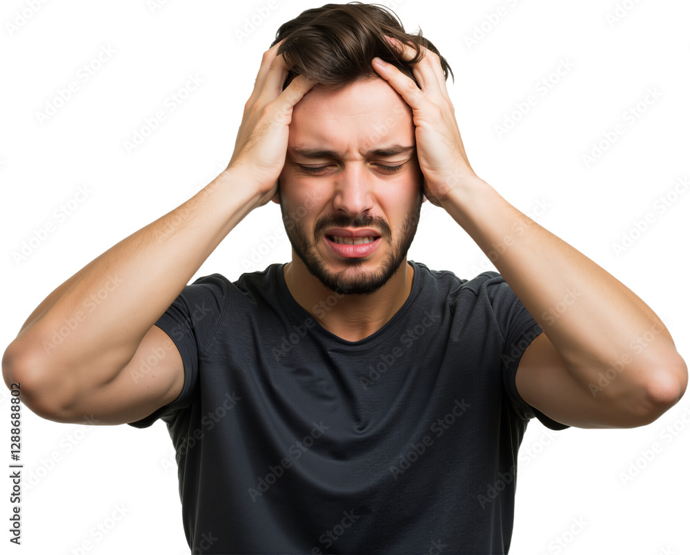 Fototapeta premium Young man suffering from an intense headache, holding head in pain, looking miserable and exhausted. Concept of stress and discomfort, PNG format