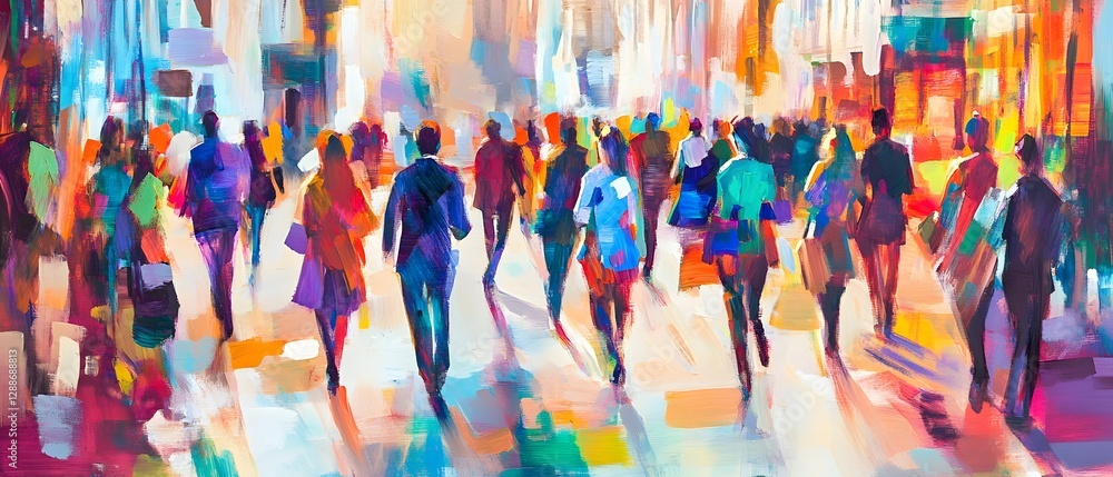 Obraz premium Vibrant blur of busy city street with colorful commuters in constant motion reflecting the fast paced energetic lifestyle of a thriving metropolitan area