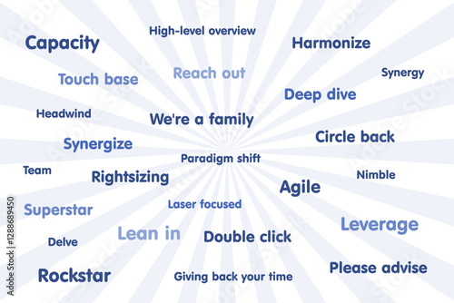 Corporate language buzzwords loved by managers, disliked by employees. Modern corporation jargon - synergy, headwind, superstar and paradigm shift.