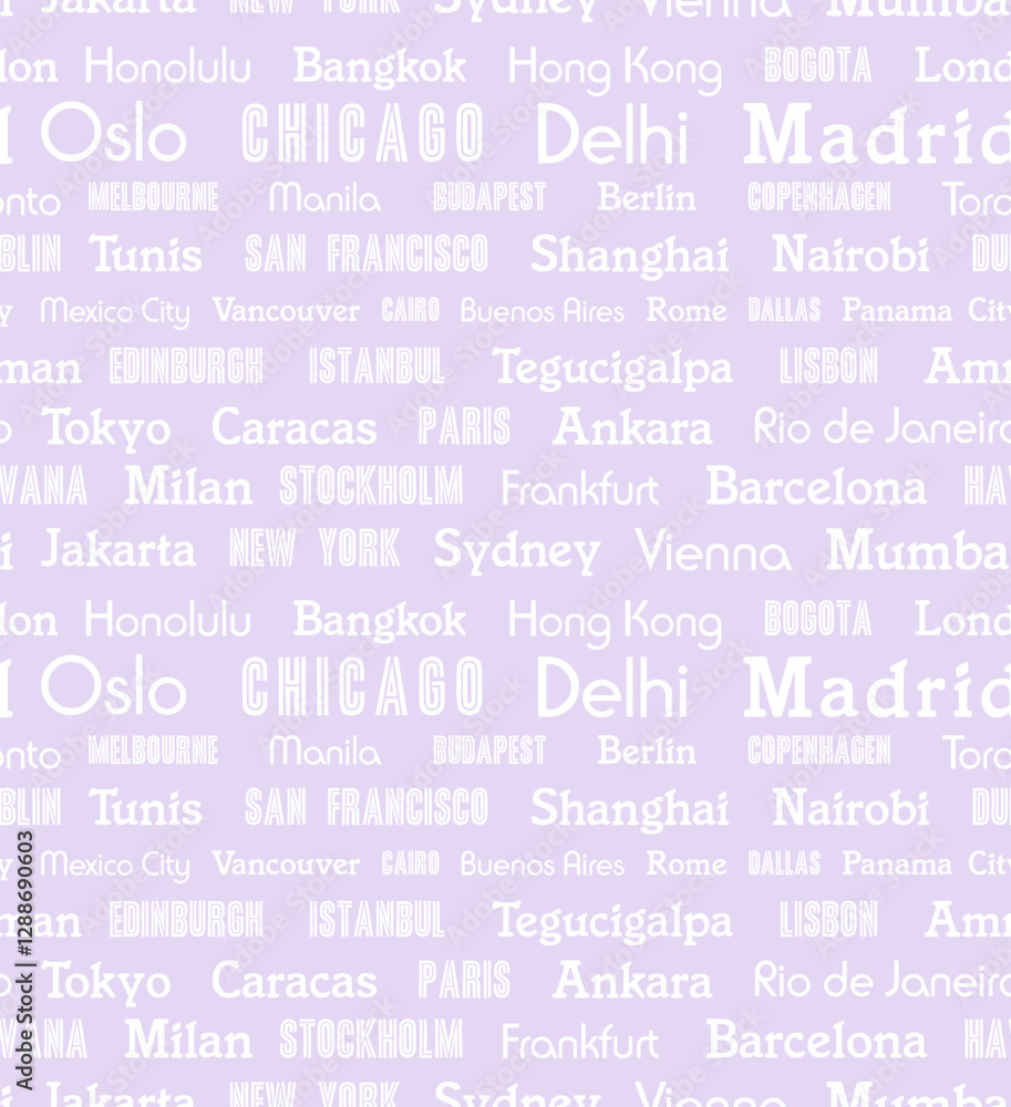 World city names seamless pattern design. Travel destination purple white text concept for a fashion print or product decoration. World city names seamless pattern design. Travel destination purple white text concept for a fashion print or product decoration.