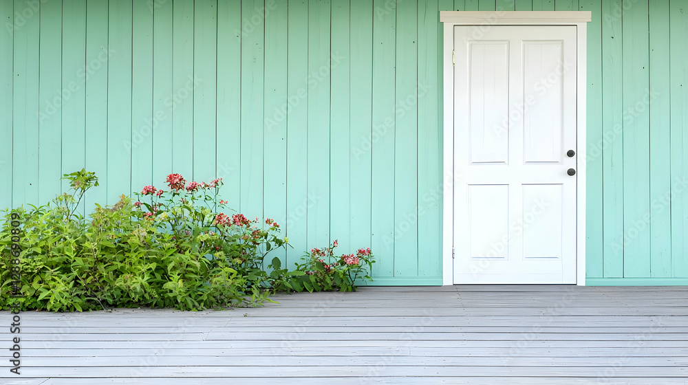 Fototapeta premium White Door on a Weathered Mint Green Wooden Wall